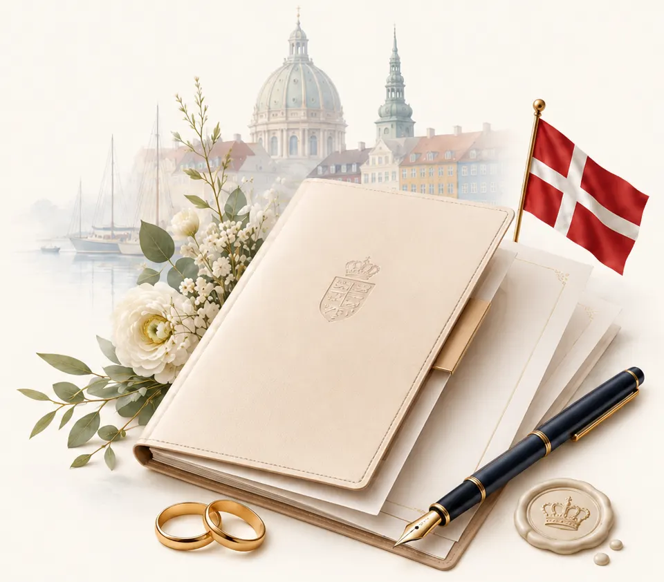 An elegant Danish marriage certificate with wedding rings, a fountain pen and a small Danish flag, with the Copenhagen skyline behind.